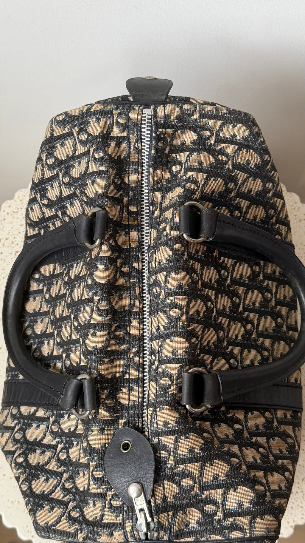 Christian Dior Trotter Pattern Navy Canvas Boston Bag