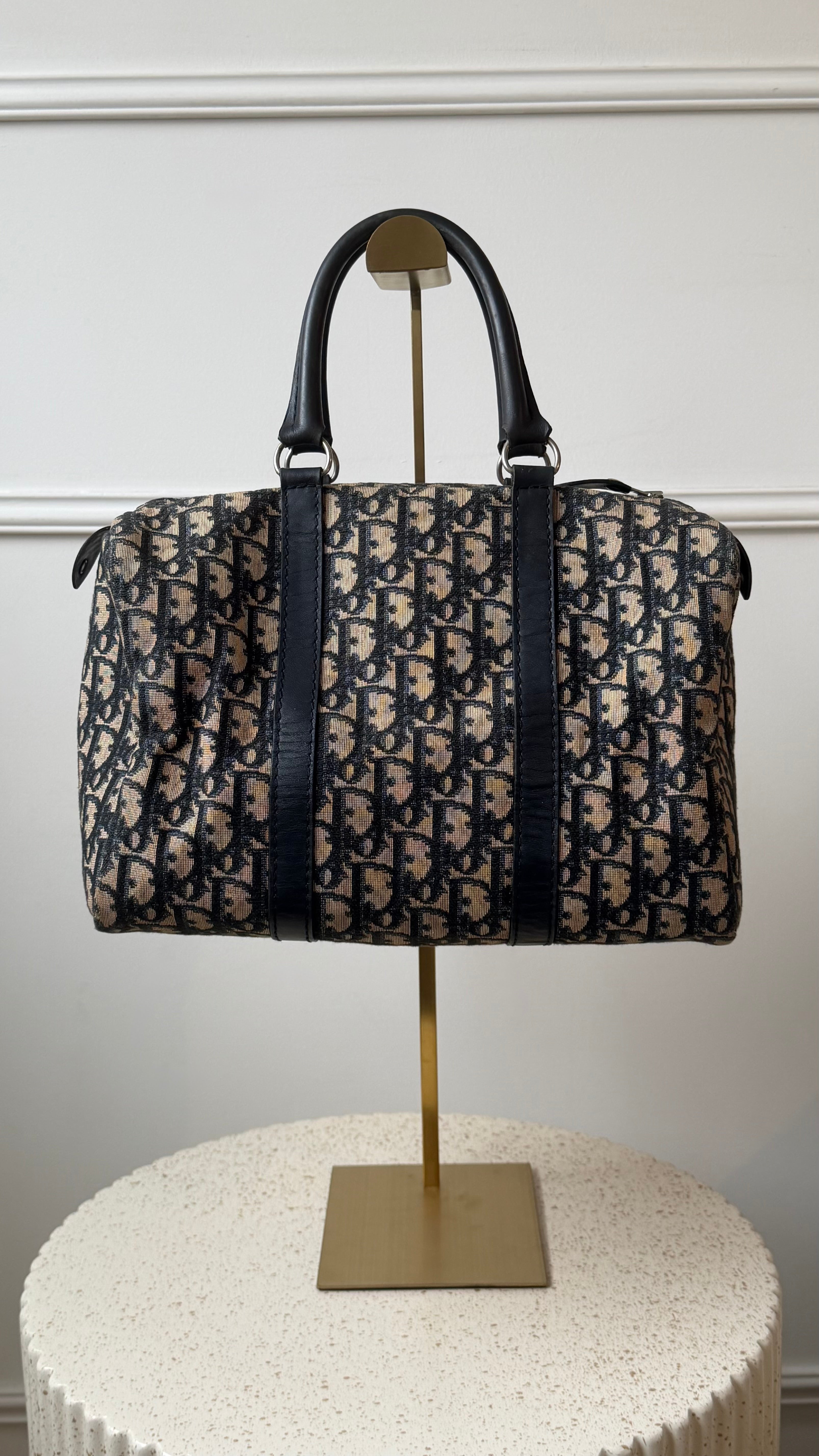 Christian Dior Trotter Pattern Navy Canvas Boston Bag