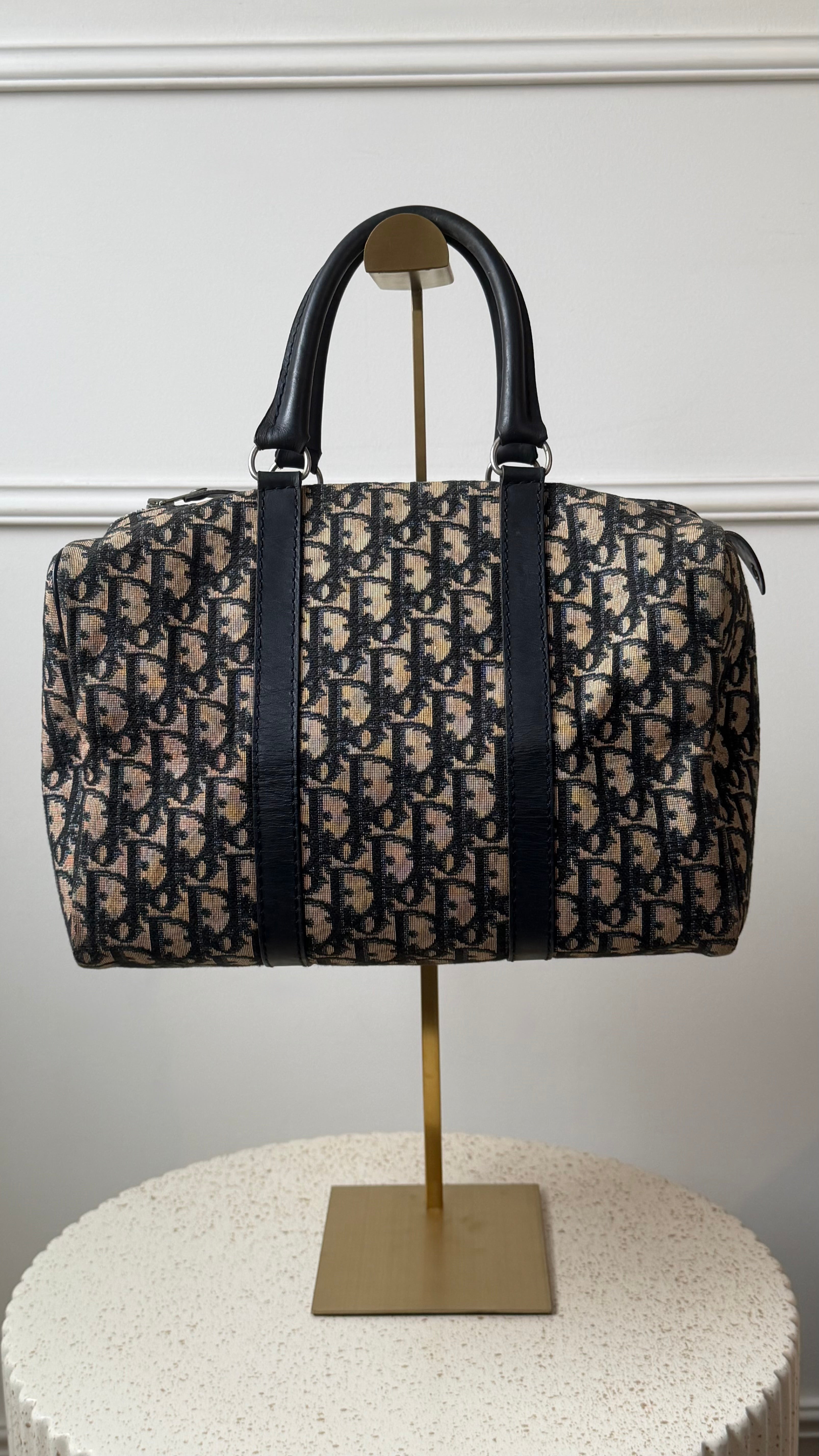 Christian Dior Trotter Pattern Navy Canvas Boston Bag