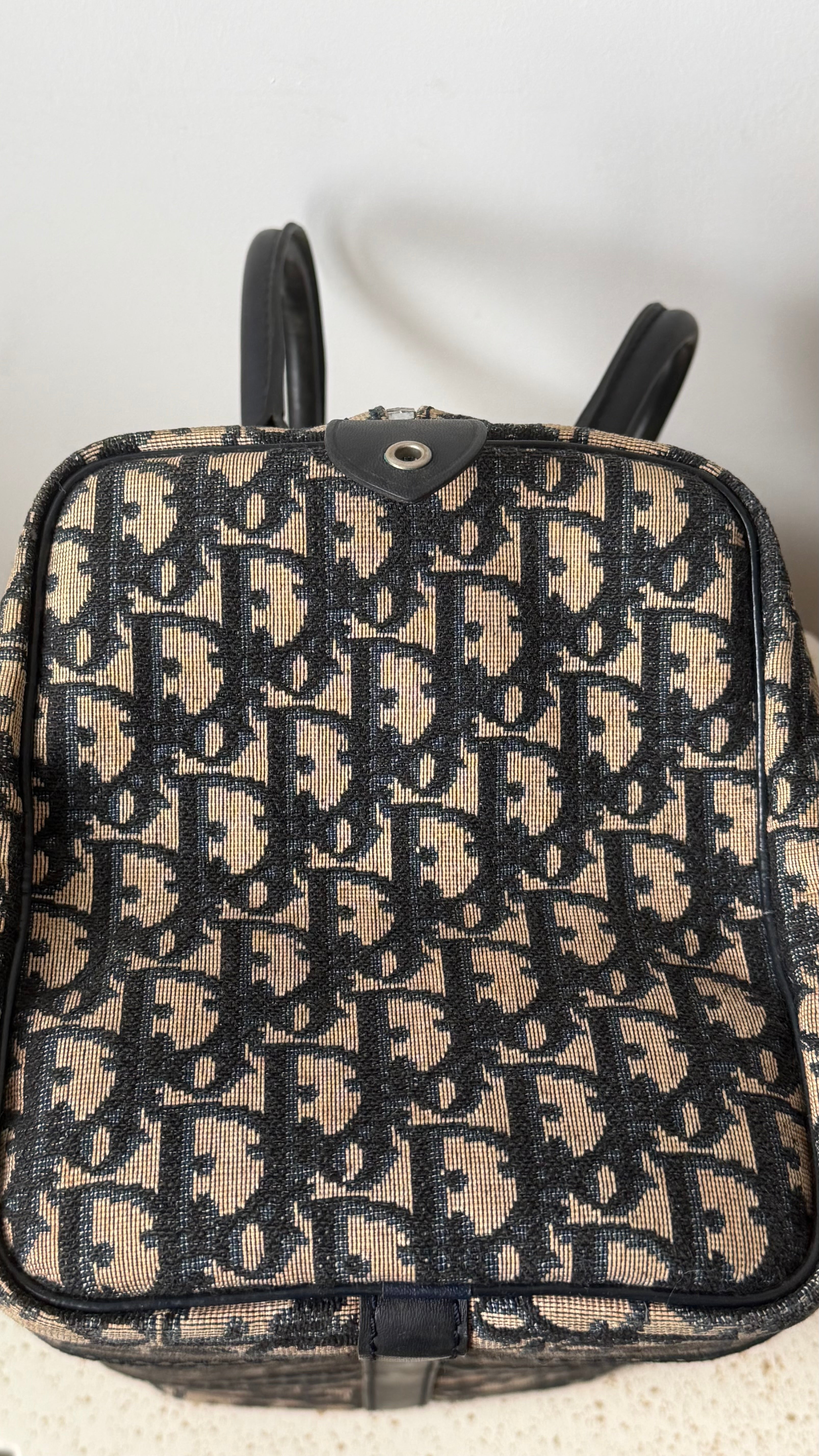 Christian Dior Trotter Pattern Navy Canvas Boston Bag