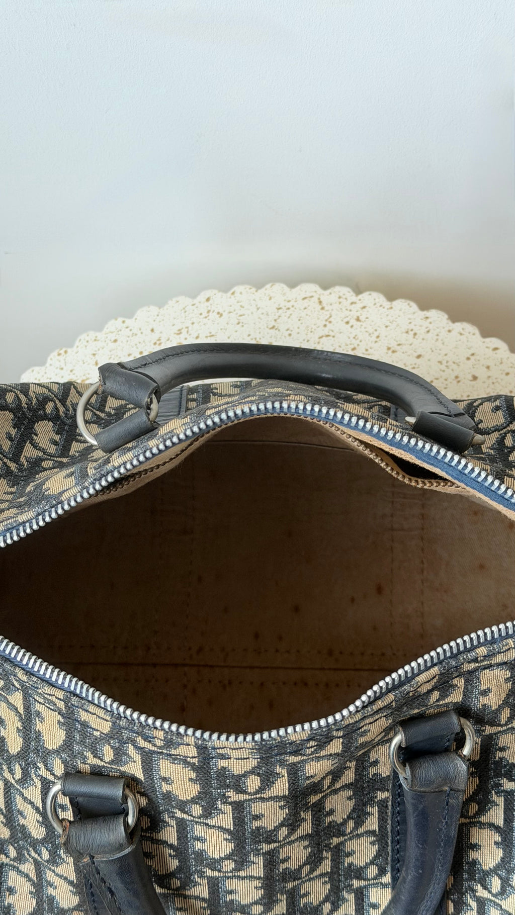 Christian Dior Trotter Pattern Navy Canvas Boston Bag