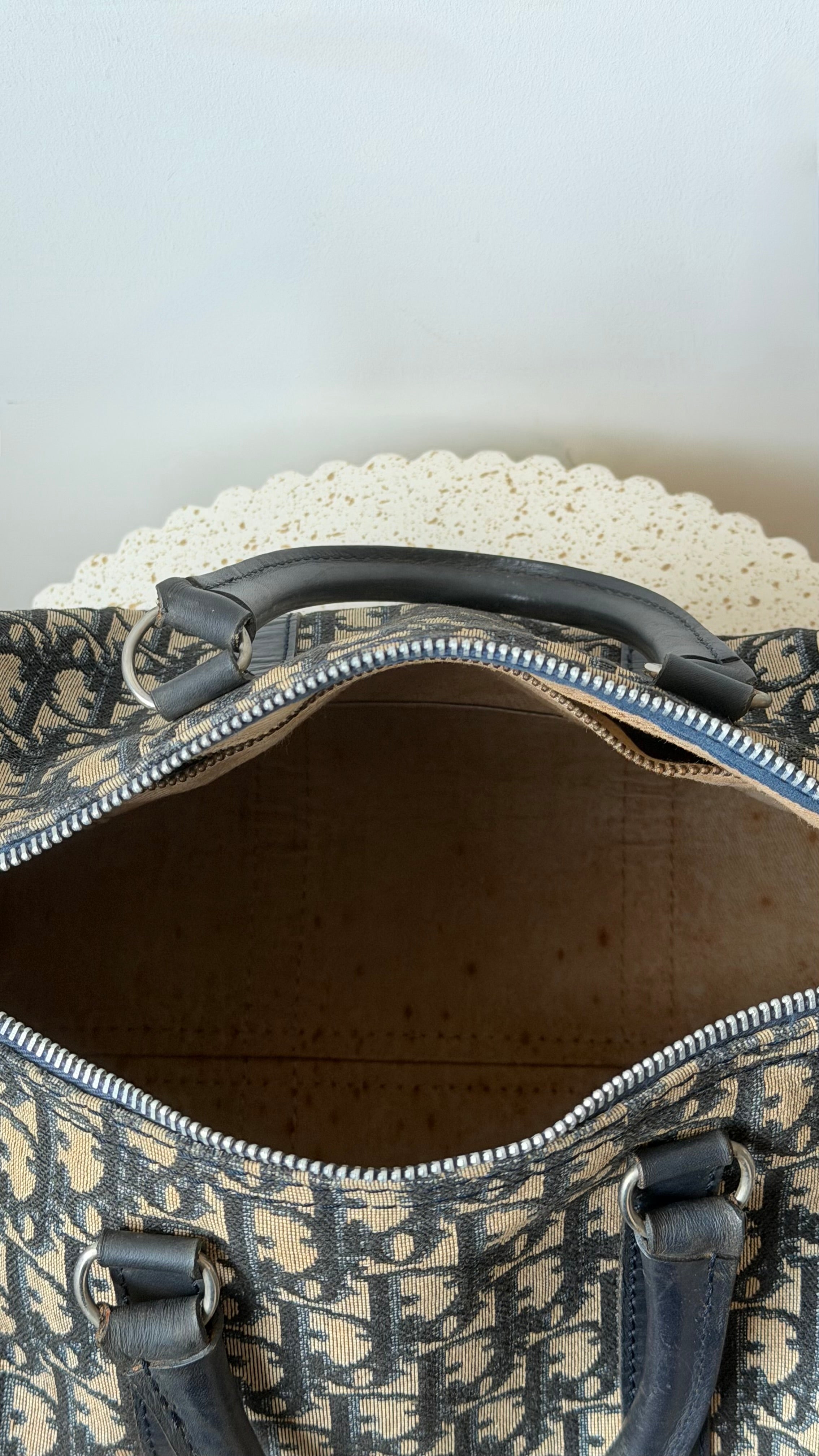 Christian Dior Trotter Pattern Navy Canvas Boston Bag